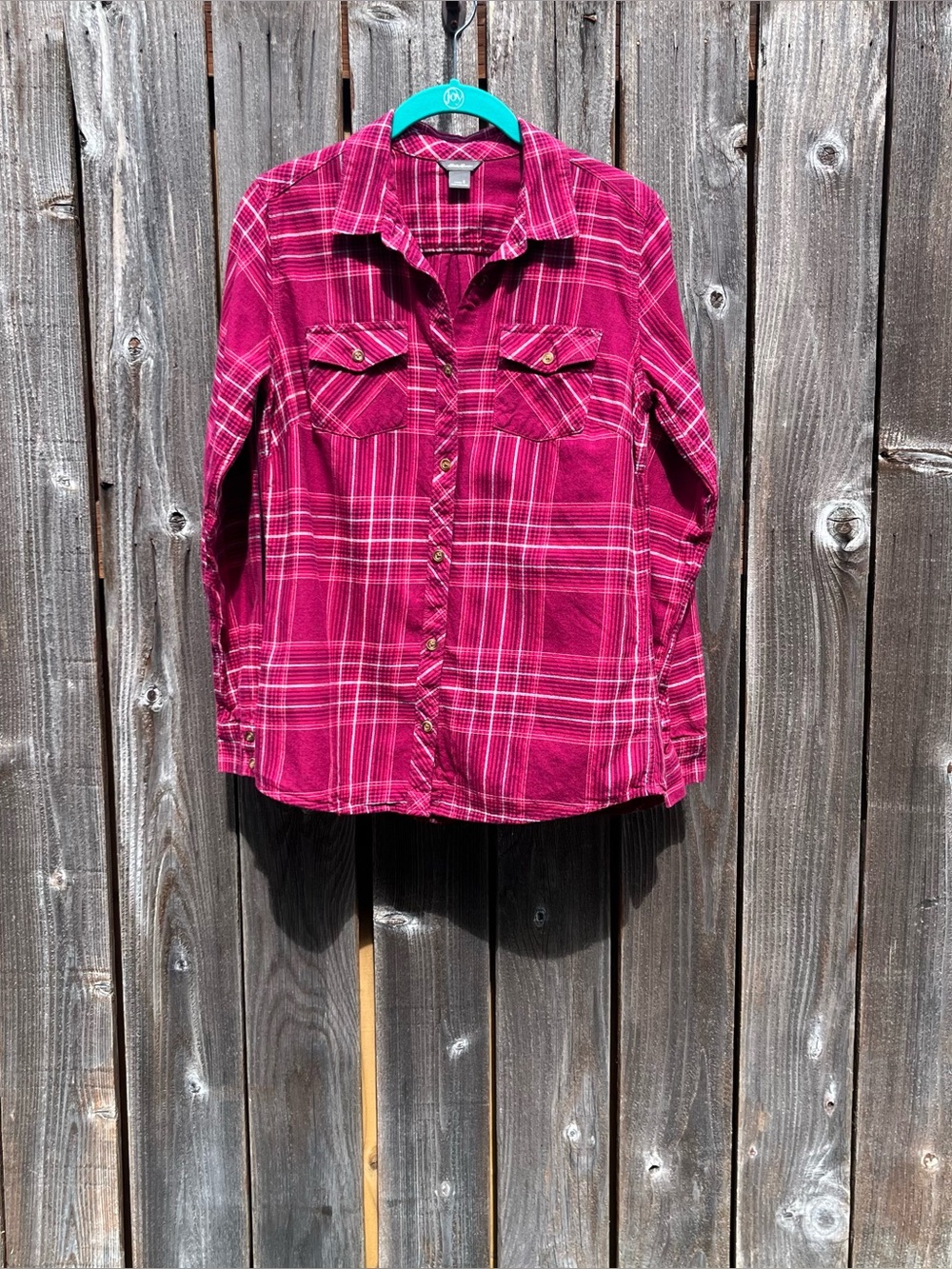 Eddie Bauer pink plaid button down shirt size small